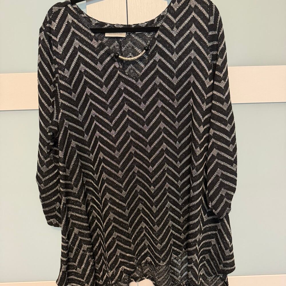 Avenue Women’s Plus 18/20 Black Silver Chevron Tunic Blouse Beaded Long Sleeve